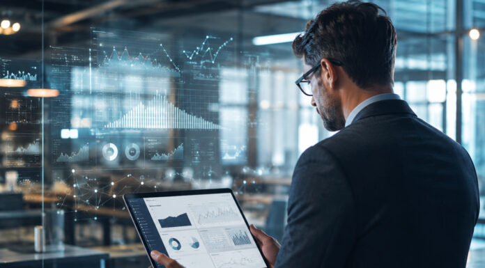How Cannabis Businesses Are Actually Using AI A cannabis business operator reviews analytics on a tablet in a modern office as digital data visualizations appear in the foreground.