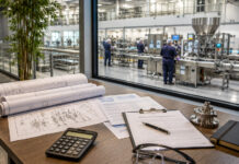 After 280E, Cannabis CFOs Need a Capital Plan Facility plans, budget documents, safety glasses, and a calculator sit on a worktable overlooking a busy stainless-steel production floor.