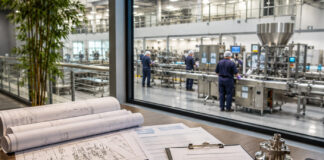 Facility plans, budget documents, safety glasses, and a calculator sit on a worktable overlooking a busy stainless-steel production floor.