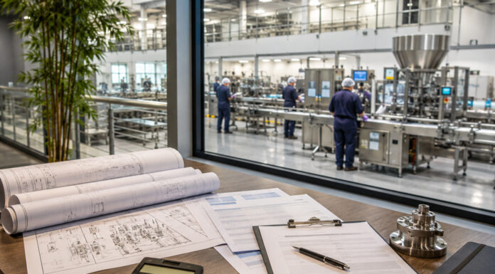 After 280E, Cannabis CFOs Need a Capital Plan Facility plans, budget documents, safety glasses, and a calculator sit on a worktable overlooking a busy stainless-steel production floor.