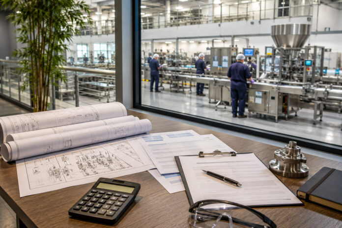 cannabis CFO capital planning Facility plans, budget documents, safety glasses, and a calculator sit on a worktable overlooking a busy stainless-steel production floor.
