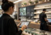 The Quiet Revolution A cannabis retail employee uses AI software tools to track sales and inventory while a coworker stocks shelves.