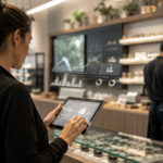 The Quiet Revolution A cannabis retail employee uses AI software tools to track sales and inventory while a coworker stocks shelves.
