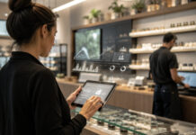 The Quiet Revolution A cannabis retail employee uses AI software tools to track sales and inventory while a coworker stocks shelves.