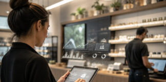 The Quiet Revolution A cannabis retail employee uses AI software tools to track sales and inventory while a coworker stocks shelves.