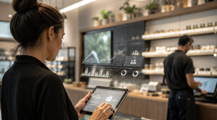 The Quiet Revolution A cannabis retail employee uses AI software tools to track sales and inventory while a coworker stocks shelves.