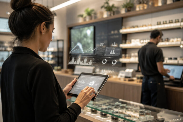 A cannabis retail employee uses AI software tools to track sales and inventory while a coworker stocks shelves.