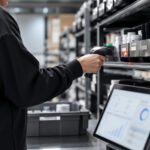 Five Technology Priorities That Drive Cannabis Business Results Employee scans inventory bins with a handheld barcode reader beside a tablet dashboard in a cannabis retail back room.