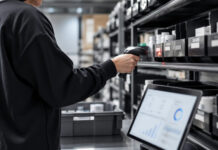 Five Technology Priorities That Drive Cannabis Business Results Employee scans inventory bins with a handheld barcode reader beside a tablet dashboard in a cannabis retail back room.