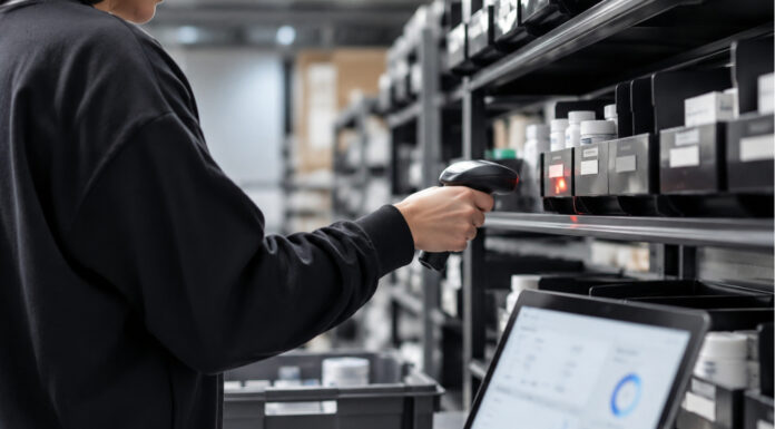 Five Technology Priorities That Drive Cannabis Business Results Employee scans inventory bins with a handheld barcode reader beside a tablet dashboard in a cannabis retail back room.