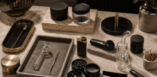 The Next Big Dispensary Margin Play Upscale retail accessories arranged on a marble surface, including grinders, glass pipes, rolling papers, trays, and storage containers.