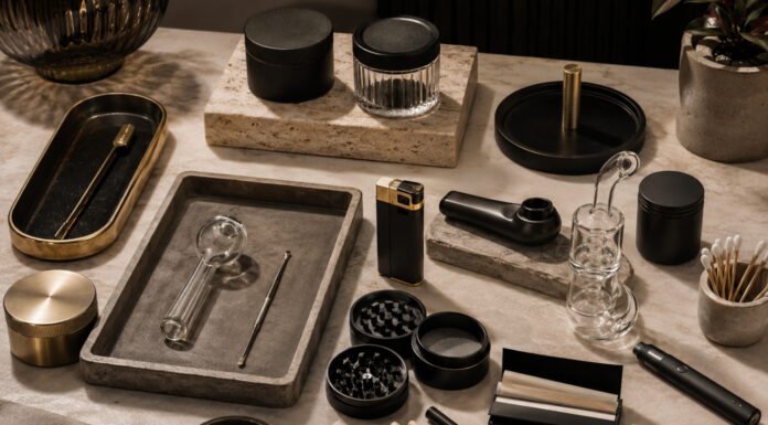 The Next Big Dispensary Margin Play Upscale retail accessories arranged on a marble surface, including grinders, glass pipes, rolling papers, trays, and storage containers.