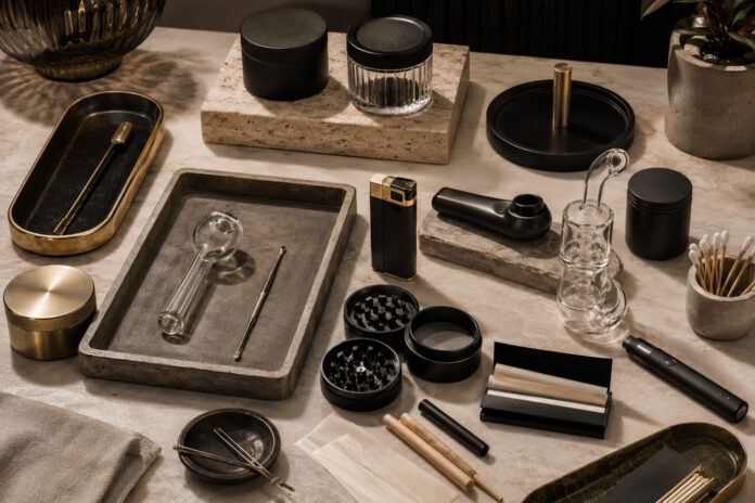 cannabis retail accessories Upscale retail accessories arranged on a marble surface, including grinders, glass pipes, rolling papers, trays, and storage containers.