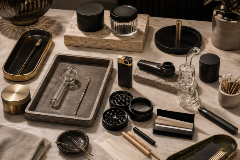 Upscale retail accessories arranged on a marble surface, including grinders, glass pipes, rolling papers, trays, and storage containers.