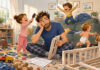 Keep Calm and Dad On A frazzled father tries to assemble a crib on a toy-strewn floor while three toddlers create cheerful chaos around him.