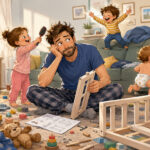Keep Calm and Dad On A frazzled father tries to assemble a crib on a toy-strewn floor while three toddlers create cheerful chaos around him.