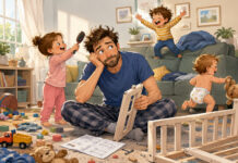 Keep Calm and Dad On A frazzled father tries to assemble a crib on a toy-strewn floor while three toddlers create cheerful chaos around him.
