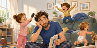 Keep Calm and Dad On A frazzled father tries to assemble a crib on a toy-strewn floor while three toddlers create cheerful chaos around him.
