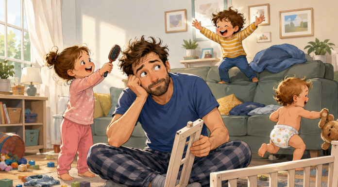 Keep Calm and Dad On A frazzled father tries to assemble a crib on a toy-strewn floor while three toddlers create cheerful chaos around him.