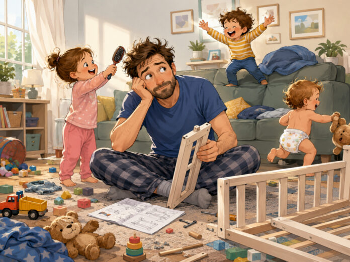 chaotic-family-living-room-scene-fathers-day-2026 A frazzled father tries to assemble a crib on a toy-strewn floor while three toddlers create cheerful chaos around him.