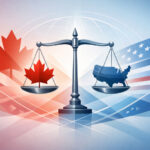 Chapter 15: A New Path for Cross‑Border Cannabis Restructuring Conceptual illustration of balanced scales representing Canada and the United States in cross‑border legal harmony