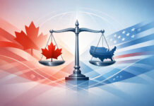 Chapter 15: A New Path for Cross‑Border Cannabis Restructuring Conceptual illustration of balanced scales representing Canada and the United States in cross‑border legal harmony
