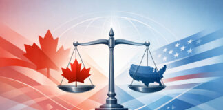 Chapter 15: A New Path for Cross‑Border Cannabis Restructuring Conceptual illustration of balanced scales representing Canada and the United States in cross‑border legal harmony
