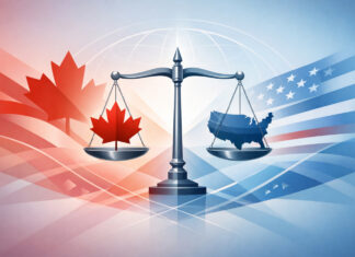 Chapter 15: A New Path for Cross‑Border Cannabis Restructuring Conceptual illustration of balanced scales representing Canada and the United States in cross‑border legal harmony