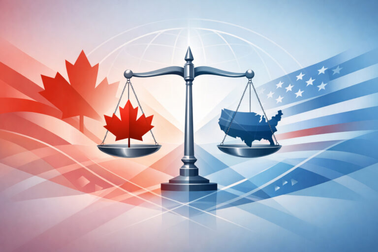 Conceptual illustration of balanced scales representing Canada and the United States in cross‑border legal harmony
