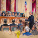 Editorial illustration of a federal hearing on DEA cannabis rescheduling with officials, attorneys, and audience members in a formal courtroom setting.