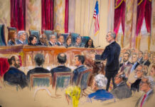 Who Will Argue Against Cannabis Rescheduling at DEA’s June Hearing? Editorial illustration of a federal hearing on DEA cannabis rescheduling with officials, attorneys, and audience members in a formal courtroom setting.