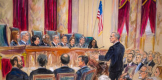 Editorial illustration of a federal hearing on DEA cannabis rescheduling with officials, attorneys, and audience members in a formal courtroom setting.