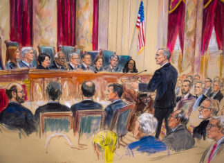 Who Will Argue Against Cannabis Rescheduling at DEA’s June Hearing? Editorial illustration of a federal hearing on DEA cannabis rescheduling with officials, attorneys, and audience members in a formal courtroom setting.