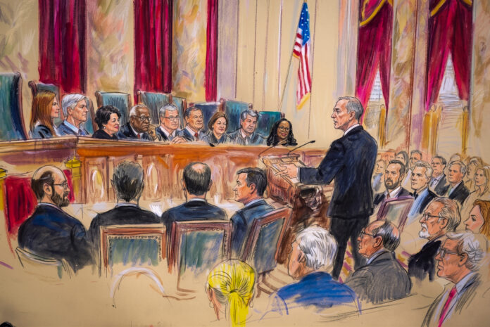 Editorial illustration of a federal hearing on DEA cannabis rescheduling with officials, attorneys, and audience members in a formal courtroom setting.