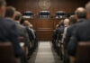 DEA Hearing Roster Will Define the Cannabis Rescheduling Narrative Neutral-toned view down a central aisle toward an administrative law bench, framed by blurred audience silhouettes, symbolizing competing voices at the DEA rescheduling hearing.