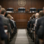 DEA Hearing Roster Will Define the Cannabis Rescheduling Narrative Neutral-toned view down a central aisle toward an administrative law bench, framed by blurred audience silhouettes, symbolizing competing voices at the DEA rescheduling hearing.