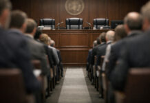 DEA Hearing Roster Will Define the Cannabis Rescheduling Narrative Neutral-toned view down a central aisle toward an administrative law bench, framed by blurred audience silhouettes, symbolizing competing voices at the DEA rescheduling hearing.