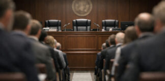 DEA Hearing Roster Will Define the Cannabis Rescheduling Narrative Neutral-toned view down a central aisle toward an administrative law bench, framed by blurred audience silhouettes, symbolizing competing voices at the DEA rescheduling hearing.