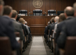 DEA Hearing Roster Will Define the Cannabis Rescheduling Narrative Neutral-toned view down a central aisle toward an administrative law bench, framed by blurred audience silhouettes, symbolizing competing voices at the DEA rescheduling hearing.