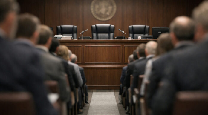 DEA Hearing Roster Will Define the Cannabis Rescheduling Narrative Neutral-toned view down a central aisle toward an administrative law bench, framed by blurred audience silhouettes, symbolizing competing voices at the DEA rescheduling hearing.