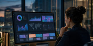 Smart Cannabis Advertising Moves Post-280E A media executive considers digital display advertising options on a computer monitor at her desk in a modern office with windows.