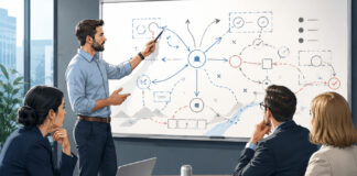 Hemp Beverage Operators Build Plan B Ahead of November Ban Illustration of hemp beverage operators in a conference room reviewing a whiteboard strategy plan with flowcharts, charts, and unbranded cans on the table.