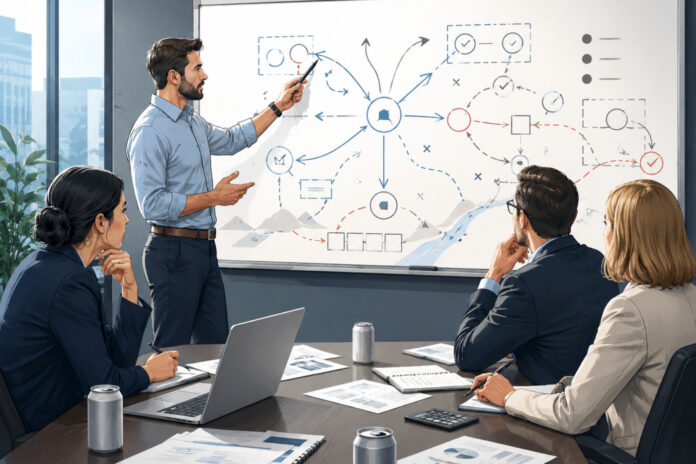 hemp beverage Plan B planning Illustration of hemp beverage operators in a conference room reviewing a whiteboard strategy plan with flowcharts, charts, and unbranded cans on the table.