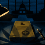 Inside Louisiana’s Bipartisan Hospital Cannabis Breakthrough Illustration depicting Louisiana medical cannabis legislation on a government desk with the Louisiana State Capitol in the background, symbolizing SB 270 and hospital access for terminally ill patients.