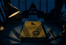 Inside Louisiana’s Bipartisan Hospital Cannabis Breakthrough Illustration depicting Louisiana medical cannabis legislation on a government desk with the Louisiana State Capitol in the background, symbolizing SB 270 and hospital access for terminally ill patients.
