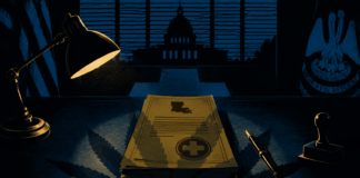 Inside Louisiana’s Bipartisan Hospital Cannabis Breakthrough Illustration depicting Louisiana medical cannabis legislation on a government desk with the Louisiana State Capitol in the background, symbolizing SB 270 and hospital access for terminally ill patients.