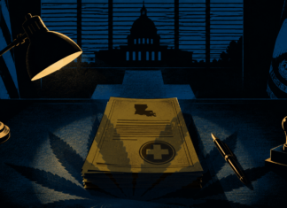 Inside Louisiana’s Bipartisan Hospital Cannabis Breakthrough Illustration depicting Louisiana medical cannabis legislation on a government desk with the Louisiana State Capitol in the background, symbolizing SB 270 and hospital access for terminally ill patients.