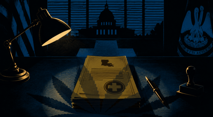 Inside Louisiana’s Bipartisan Hospital Cannabis Breakthrough Illustration depicting Louisiana medical cannabis legislation on a government desk with the Louisiana State Capitol in the background, symbolizing SB 270 and hospital access for terminally ill patients.