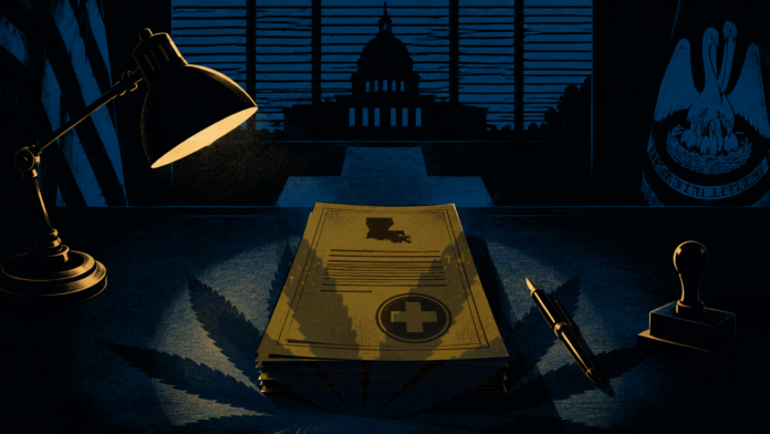 Louisiana Hospital Cannabis Bill SB 270 Awaits Governor’s Decision Illustration depicting Louisiana medical cannabis legislation on a government desk with the Louisiana State Capitol in the background, symbolizing SB 270 and hospital access for terminally ill patients.