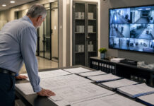 Is Your Medical Cannabis Operation Ready for DEA Registration? A cannabis operations executive reviews facility plans and compliance records in a secure workspace with surveillance monitors and locked document storage.